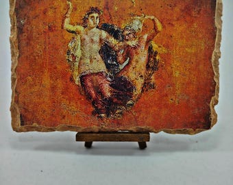 Satyr and Nymph Fresco: Pompeii Roman Art on Travertine Stone