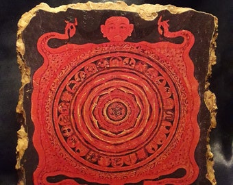 Mahakala Yantra Stone Fresco: Tibetan Sacred Diagram