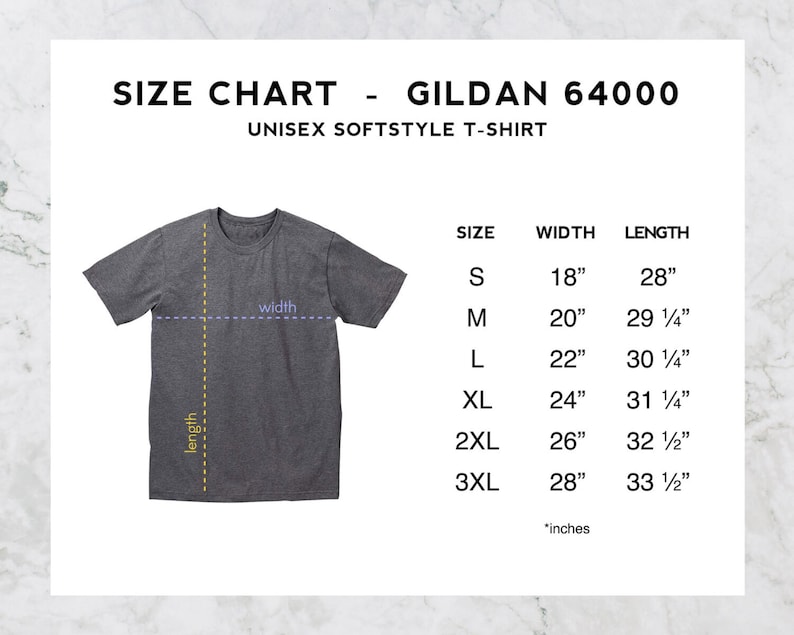 May include: A dark gray Gildan 64000 unisex softstyle t-shirt with a size chart. The chart lists sizes S to 3XL, with corresponding width and length measurements in inches. The shirt is displayed on a white background.