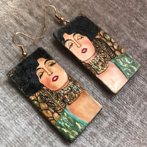 Gustav Klimt Earrings Handmade, Polymer Clay Earrings, Judith I, Christmas gift, Birthday gift