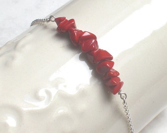 Dainty sterling silver bracelet with dark red bamboo coral nuggets - 925 silver, a995