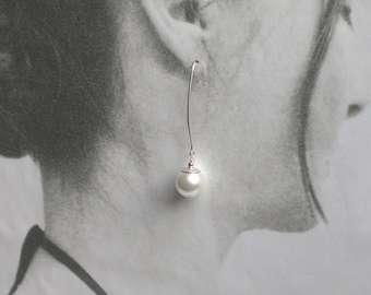 Long white shell pearl earrings sterling silver, s967
