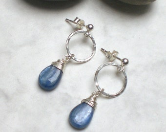 Dainty kyanite drop earrings sterling silver - ring earrings blue - dangle earring 925 silver (s963)