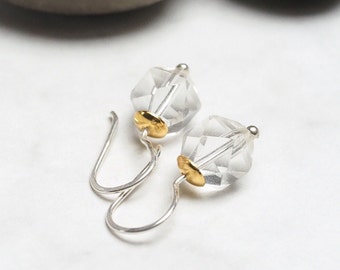 Tiny clear rock crystal earrings - sterling silver hooks - gold dangle earring, s974