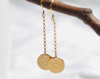 Long dangle earrings with gilded silver dots - sterling silver earrings disk - gold plated (h996)