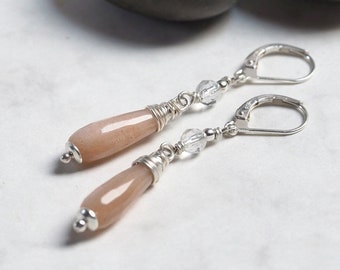 Long moonstone drop earrings sterling silver - dainty peach briolettes earrings 925 silver (s980)