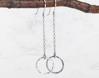 Long dangle earrings with silver rings - sterling silver earrings hammered - 925 silver, h993