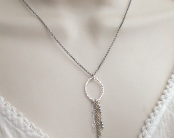 Fringe necklace - sterling silver chain - oval ring - charm necklace - 925 (d504)