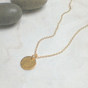 May include: A gold chain necklace with a hammered gold circle pendant.