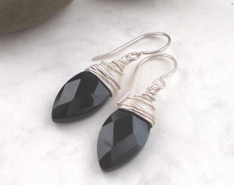 Black onyx drop earrings sterling silver - Faceted briolettes earrings (g113)