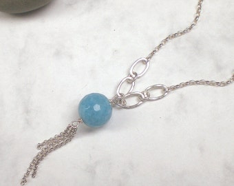 Blue calcite lariat necklace - sterling silver chain - faceted gemstone ball (n994)