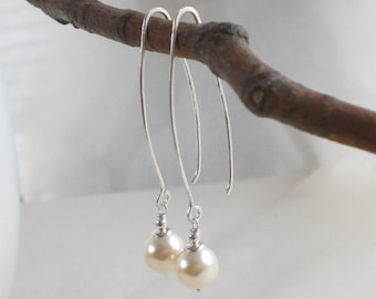 Long sea shell earrings sterling silver - white round pearl jewelry - minimal - 925 silver (g823)