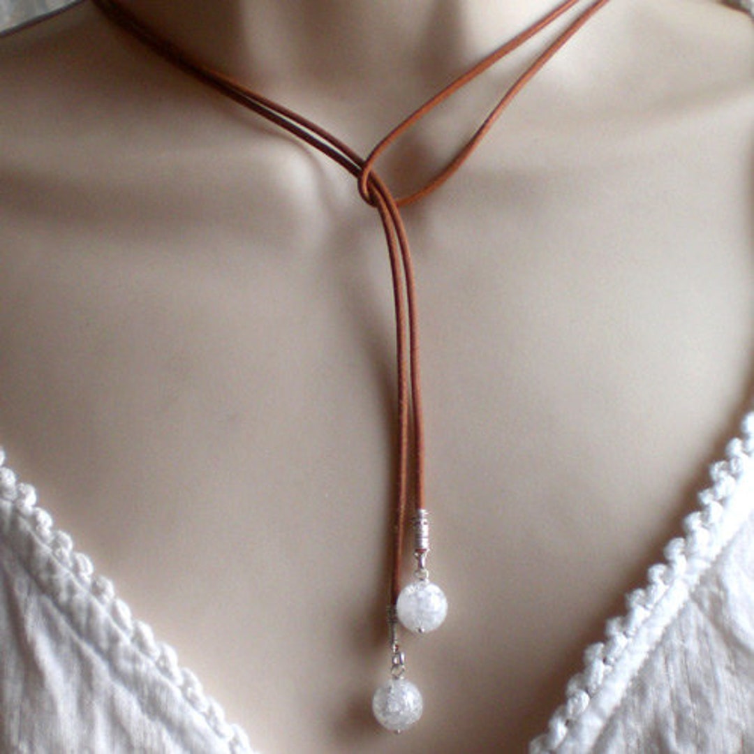 Leather Necklace With Rock Crystals Lariat Y Necklace Brown Wire Wrap  Necklace t806 