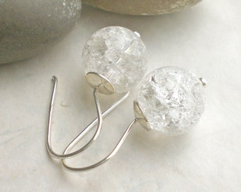 Simple rock crystal earrings sterling silver - round dangle earrings white - 925 silver (g918)