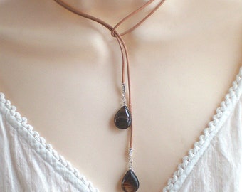 Leather necklace - dark agate drops - lariat - y necklace - beige brown wire wrap necklace (t735)