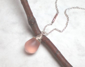 Pink teardrop necklace 925 silver - vintage necklace - glass jewelry (n983)