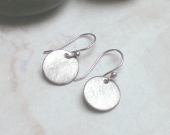 Simple disc earrings - sterling silver and brushed stainless steel - round dangle earring, f137