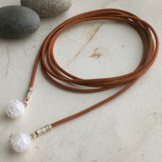 Leather Necklace With Rock Crystals Lariat Y Necklace Brown Wire