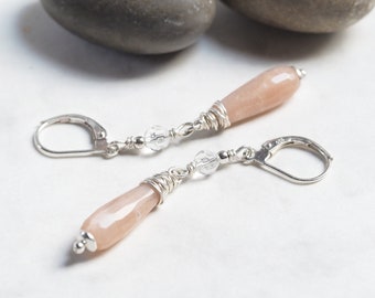 Long moonstone drop earrings sterling silver - dainty peach briolettes earrings 925 silver (s980)