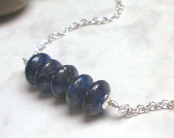 Blue lapis lazuli necklace, sterling silver chain, dark blau gemstones, 925 silver (n986)