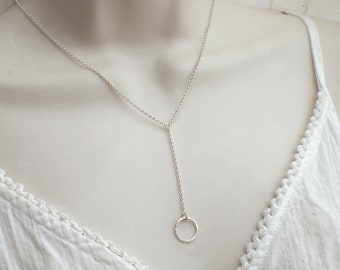 Simple lariat necklace with silver ring - sterling silver hammered - 925 silver, k987