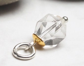 Tiny clear rock crystal pendant - sterling silver and gold - bicolor, s974