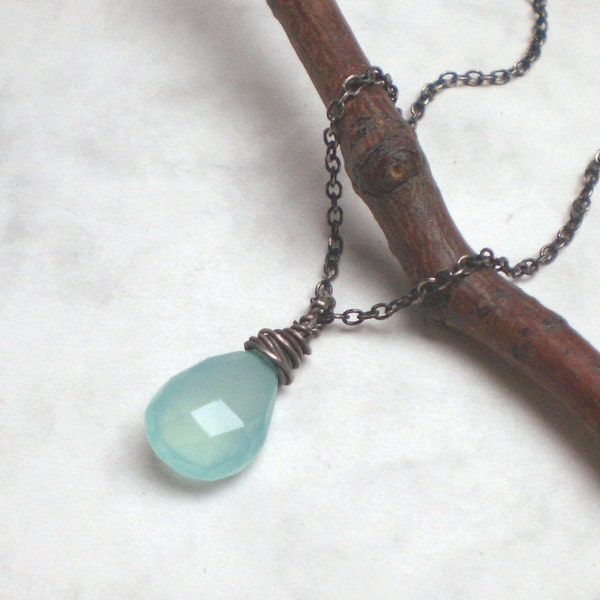 Aqua chalcedon drop necklace - sterling silver chain - faceted briolettes in blue - gemstone drop necklace (n980)