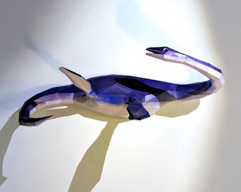 Scultura di papercraft di plesiosauro, puzzle 3D stampabile, modello PDF di papercraft per creare il tuo dinosauro