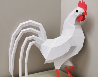 Coq papercraft 3D, puzzle stampabile, modello di papercraft PDF per rendere la decorazione della parete del gallo