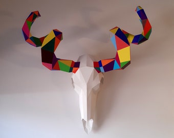 Antelope skull papercraft trophy, printable 3D sculpture, papercraft Pdf template to make your faux antelope wall art