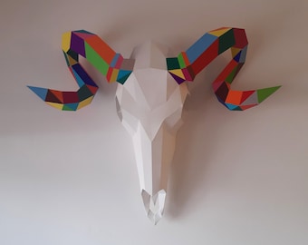 SCULPTURE CRÂNE de BÉLIER | Art de crâne de bélier | Modèle crâne de bélier | Modèle de faux crâne | Sculpture 3D papercraft de faux crâne