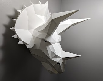 Tête de triceratops sculpture papercraft, puzzle 3D imprimable, patron PDF papercraft pour faire ton propre dinosaure