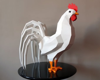 Coq sculpture papercraft, puzzle 3D imprimable, patron PDF papercraft pour faire ton coq décoration de cuisine