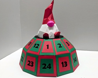 Gnome calendrier de l’avent sculpture papercraft, puzzle 3D imprimable, patron PDF papercraft pour faire ton calendrier pré-Noël