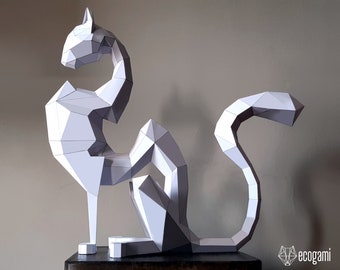 Gato egipcio escultura papercraft, rompecabezas 3D imprimible, plantilla PDF papercraft para hacer tu decoración egipcia