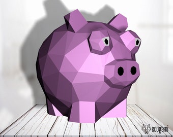 Tirelire de cochon sculpture papercraft, puzzle 3D imprimable, patron PDF papercraft pour faire ta propre boite à monnaie