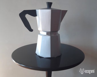 Cafetera italiana Moka escultura papercraft, puzle 3D imprimible, plantilla PDF papercraft para hacer tu decoración café