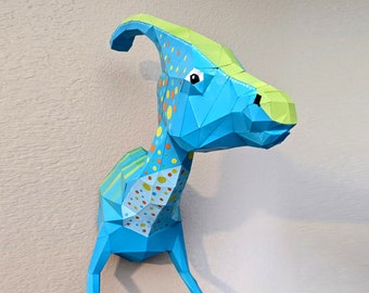 Dinosaure sculpture papercraft, puzzle 3D imprimable, patron PDF papercraft pour faire ta déco murale de dino