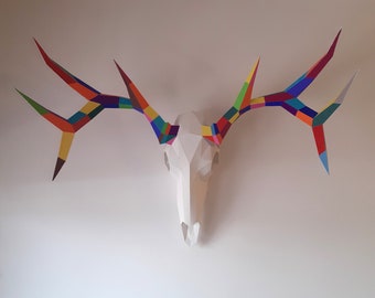 Deer skull papercraft trophy, printable 3D sculpture, papercraft Pdf template to make your faux deer skull wall art