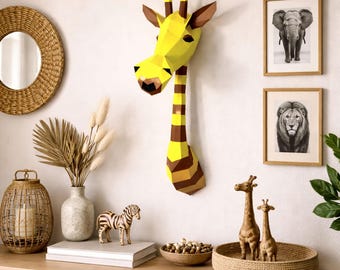 Giraffe papercraft PDF, DIY animal head wall trophy, low poly 3D printable template