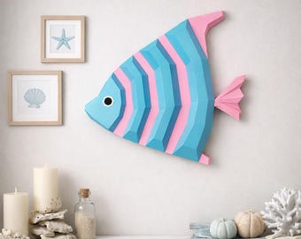 Tropical fish papercraft PDF, DIY marine wall decor, low poly 3D printable template