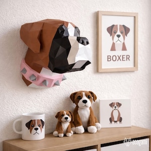 Boxer papercraft PDF, escultura mural boxer papel 3D DIY, decoración perro low poly