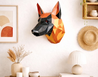 German Shepherd papercraft PDF, DIY animal head wall trophy, low poly 3D printable Template