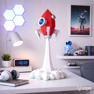Raketenstart Papier, PDF, DIY Sci-Fi Dekor, Low-Poly 3D Raumschiff Vorlage