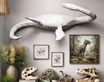 Plesiosaurus dinosaur papercraft PDF, DIY animal wall trophy, low poly 3D printable template