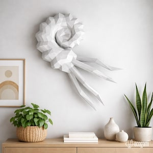 Ammonite papercraft PDF, DIY marine wall decor, low poly 3D printable fossil template