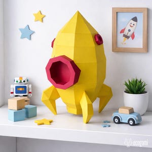 Cohete papercraft plantilla PDF, modelo cohete 3D de papel DIY, decoración espacial habitación infantil