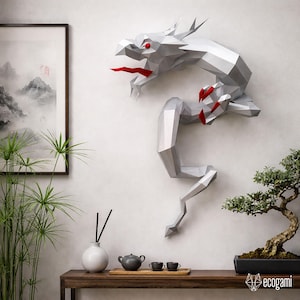 Dragón chino papercraft PDF, escultura mural dragón papel 3D DIY, decoración fantasy