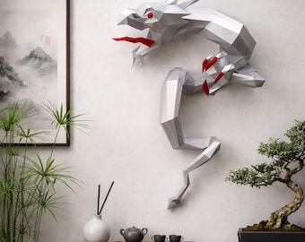 Chinese Dragon papercraft PDF, DIY fantasy wall decor, low poly 3D printable sculpture template