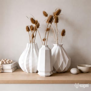 Jarrón flores secas papercraft PDF, jarrón papel 3D DIY, decoración boho minimalista, plantilla imprimible